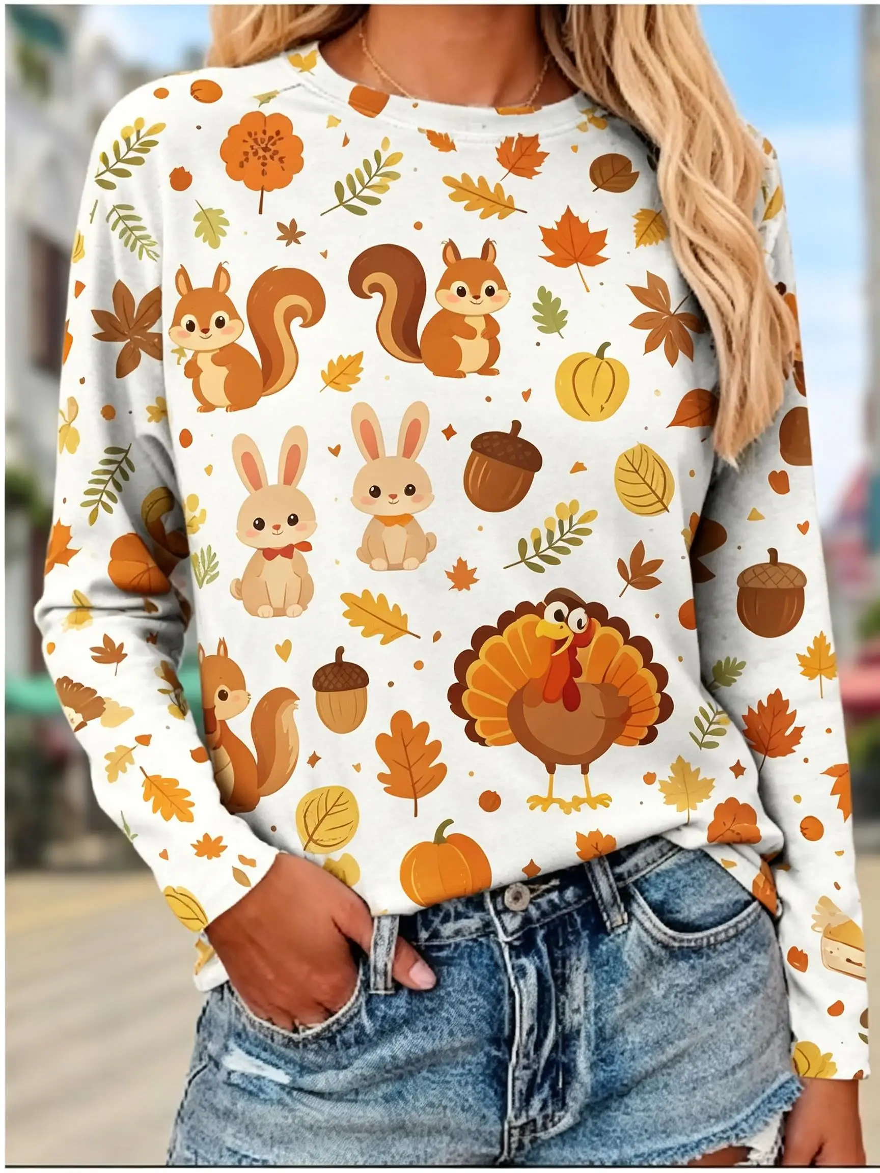 Women Long Sleeve T Shirt Thanksgiving Turkey Pumpkin Maple Print Fall Autumn Fashion Casual Holiday Party Top Women's Clothes