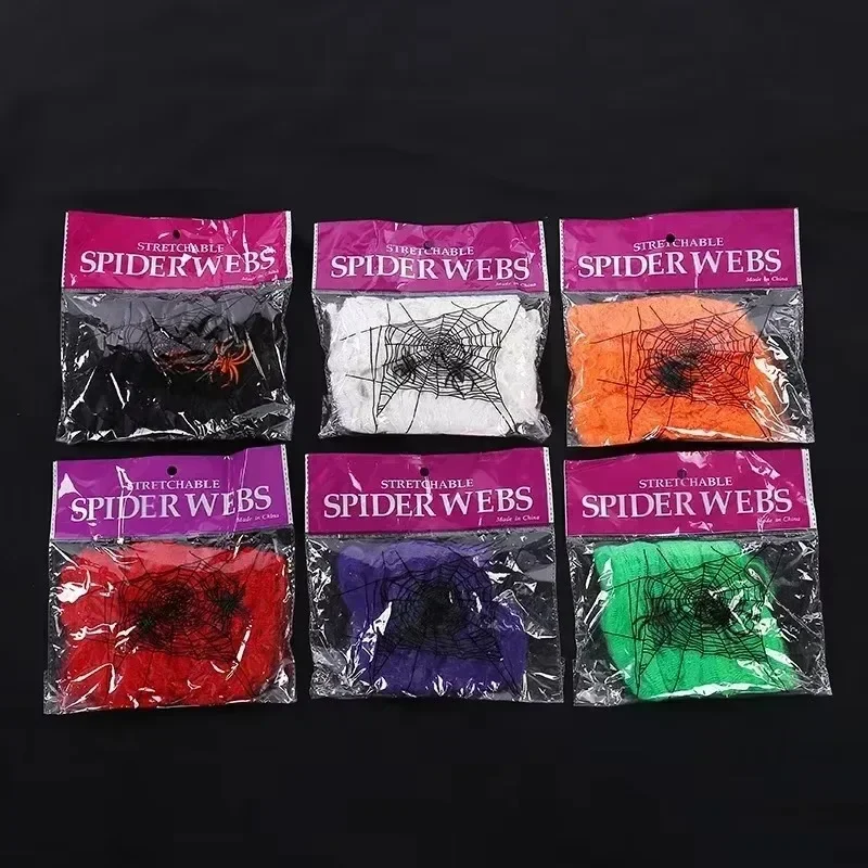 Künstliches Spinnennetz Halloween-Deko Buntes Baumwoll-Stretch-Spinnennetz mit Fake-Spinnen Gruselige Party-Dekoration Horrorhaus-Requisiten – Detail 3