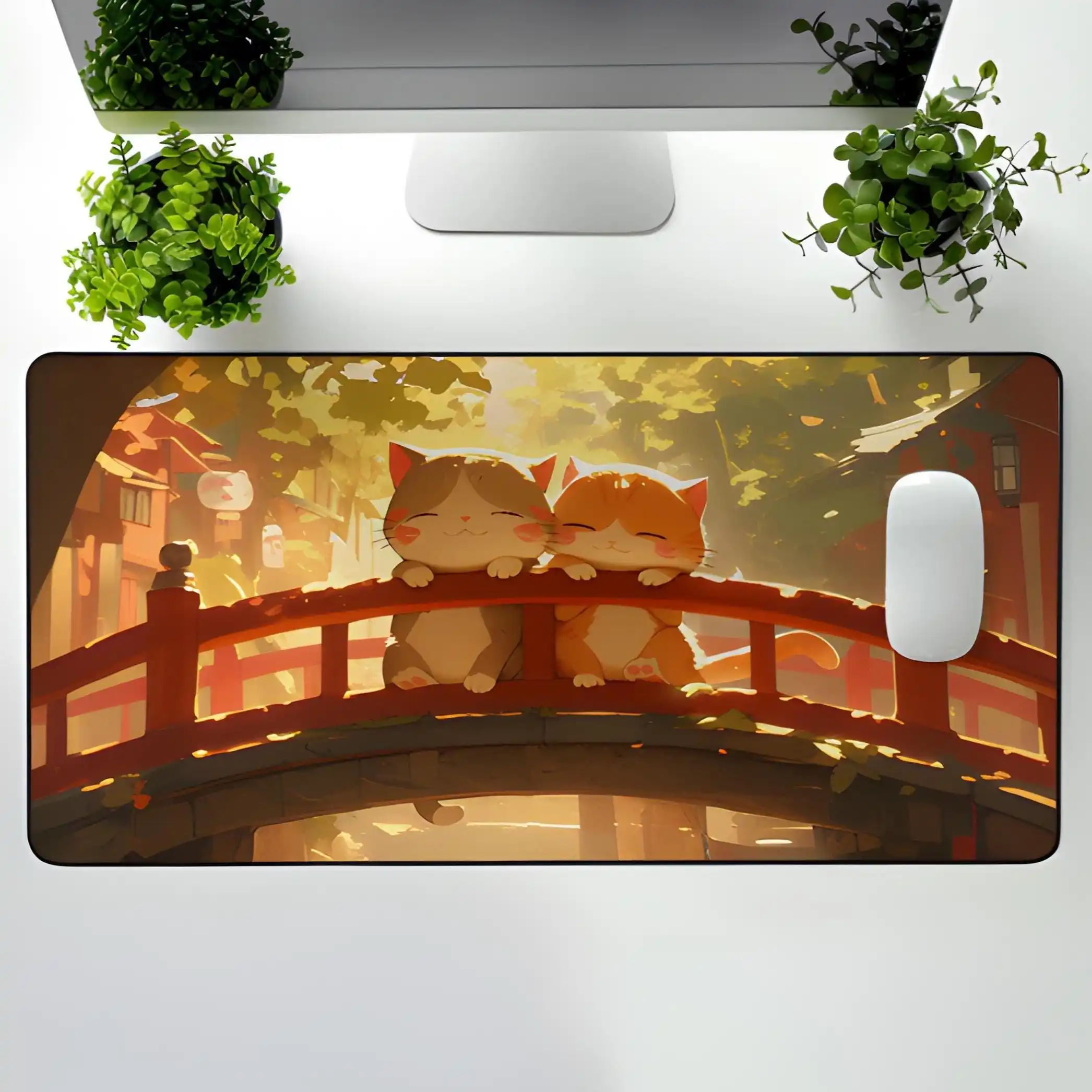 Cozy Fall Desk Mat for Cat Lovers Fall Cats Gaming Mouse Pad Japanese Bridge for Desk Artwork for Cute Cats Workspace