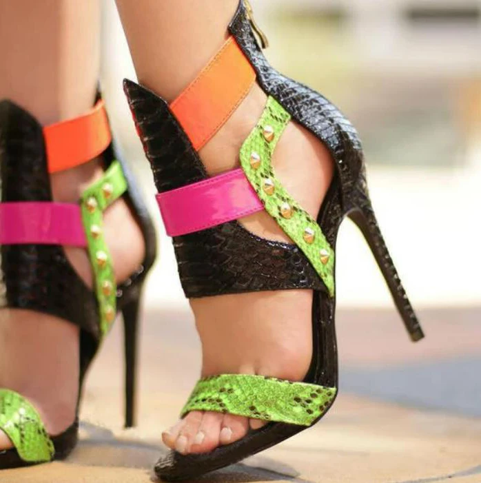 

Bright Python Shiny Leather Rivets Studs Straps Mixed Colors Snake Leather Sandals Side Cutout High Heels Party Woman Shoes