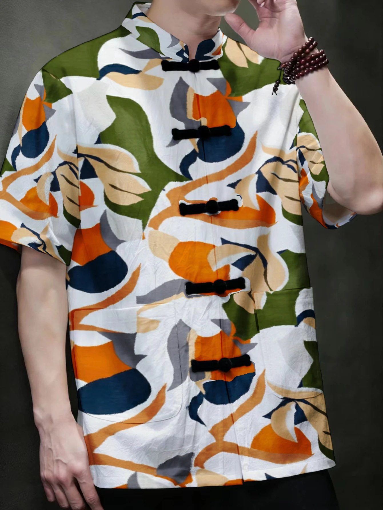 Vintage Collectible Shop - เสื้อเชิ้ตผู้ชายคอจีน กระดุมแบบกบ แขนสั้น ลายพิมพ์ศิลปะเรขาคณิตแบบนามธรรมทันสมัย สไตล์ตะวันออก พร้อมกระเป๋าข้าง