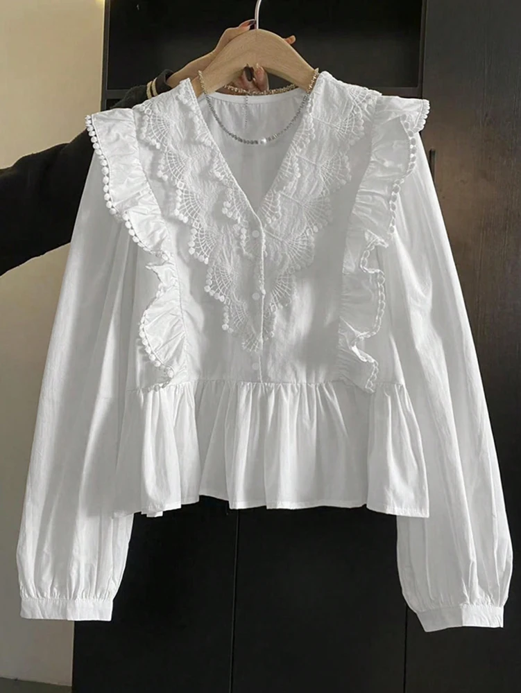 حجم كبير 2025 الخريف الوافدين الجدد المرأة عادية بلون الدانتيل لوحة تكدرت بأكمام طويلة قمة عصرية وأنيقة #3