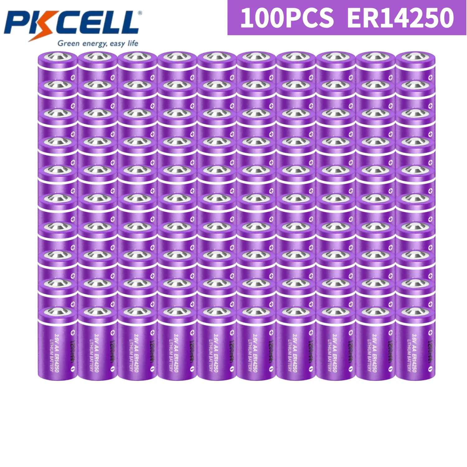 PKCELL 100PCS ER14250 1/2 AA 1200mAh 3.6V Lithium Thionyl Chloride (LiSOCI2) Button Top Battery for Gas Meter