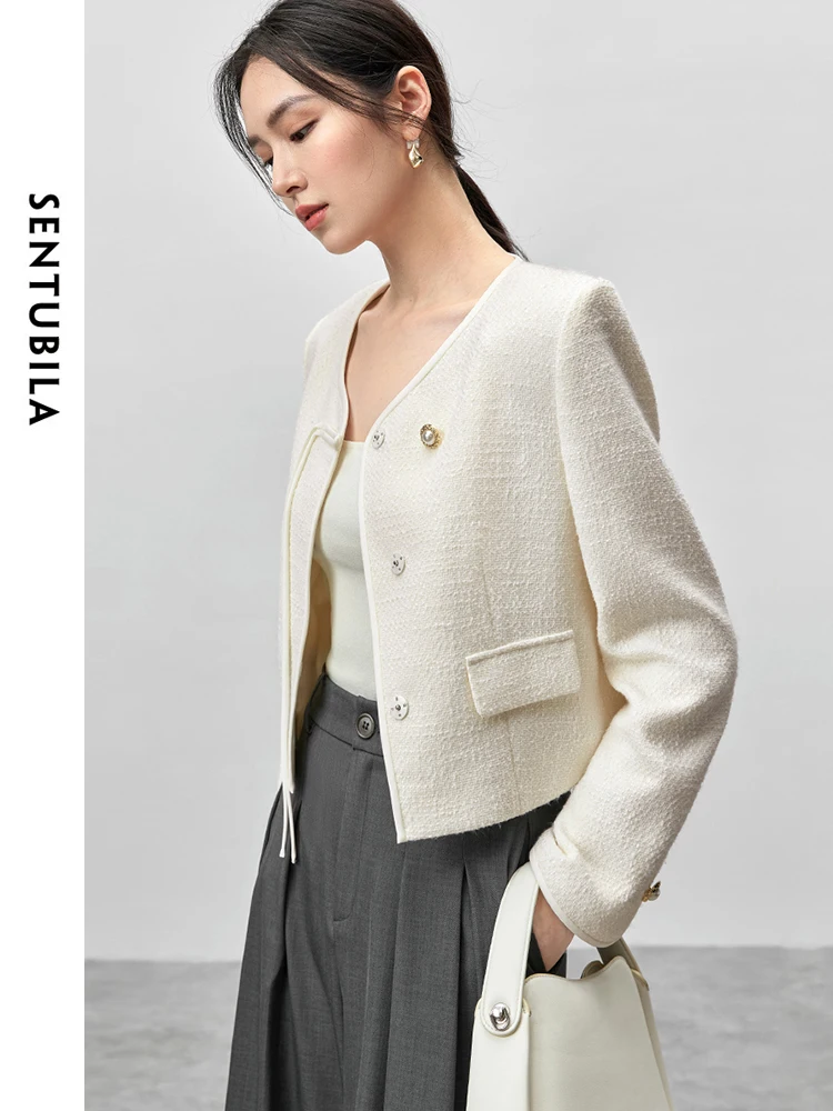 SENTUBILA Women Texture Tweed Jackets  2024 Autumn Round Neck Long Sleeve Pearl Single Breasted Elegant  Coat 143W55895