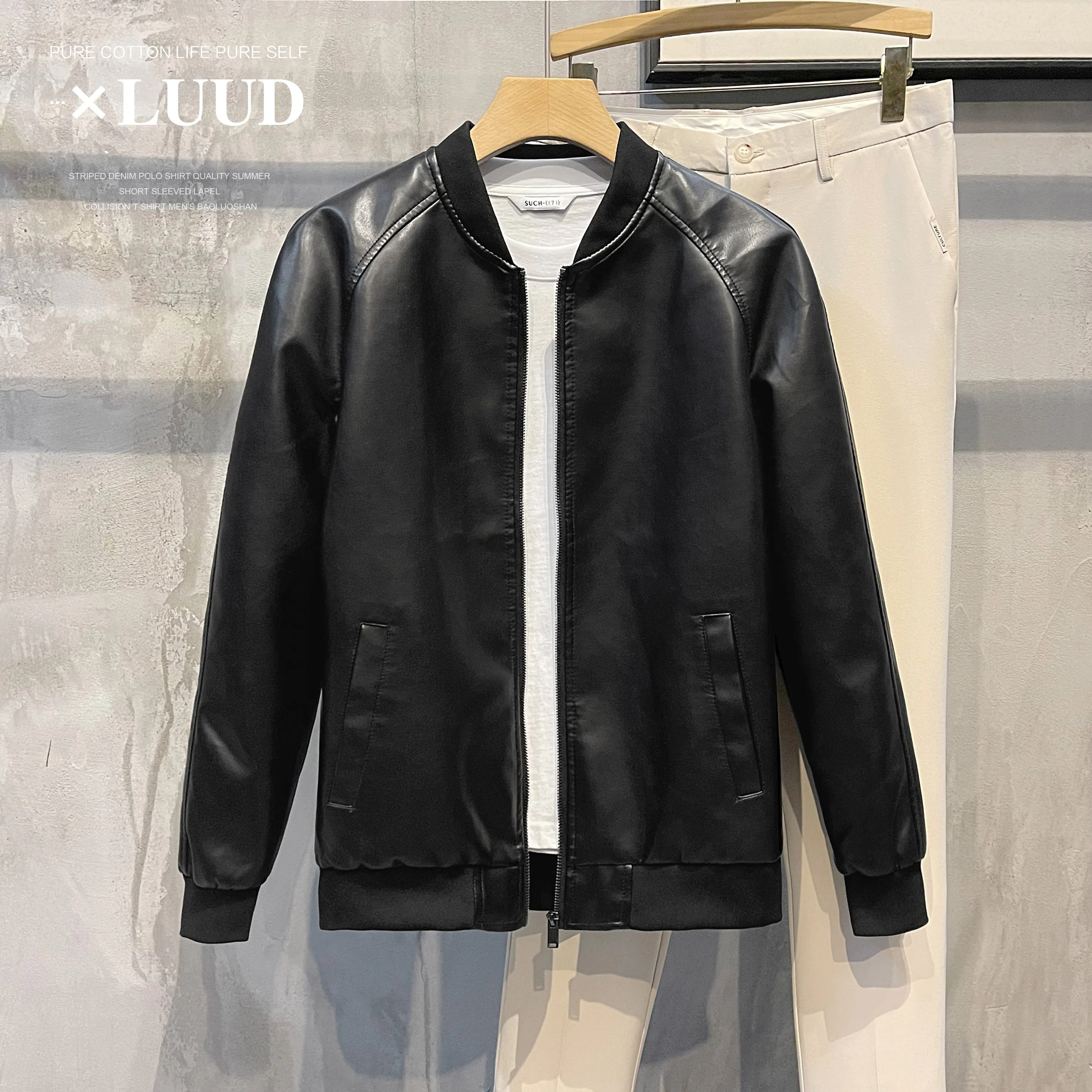 

LUUD Men's Soft PU Windproof Baseball Collar Jaet Motorcycle Sle Retro Pure Color Leather Coat Winter Faion Youth Casual