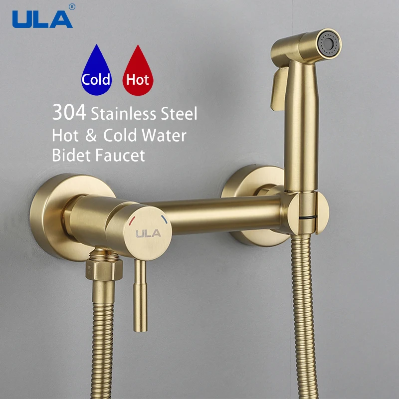 ULA Gold Bidet Faucet Toilet Faucet Stainless Steel Handheld Bidet Sprayer Set Cold Hot Water Mixer Crane Bathroom Shower Head