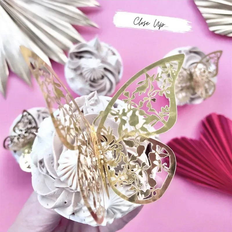 12Pcs Gold Butterfly Cake Topper DIY Home Decoration Simulation Metal Texture Hollow Butterflies Wedding Crafts Party Decoration