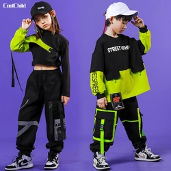 Boys Hip Hop Streetwear Girls Crop Top Cuff Cargo Pant Outfit Child Patchwork Sweatshirt Joggers Street Dance Kids Jazz Costumes