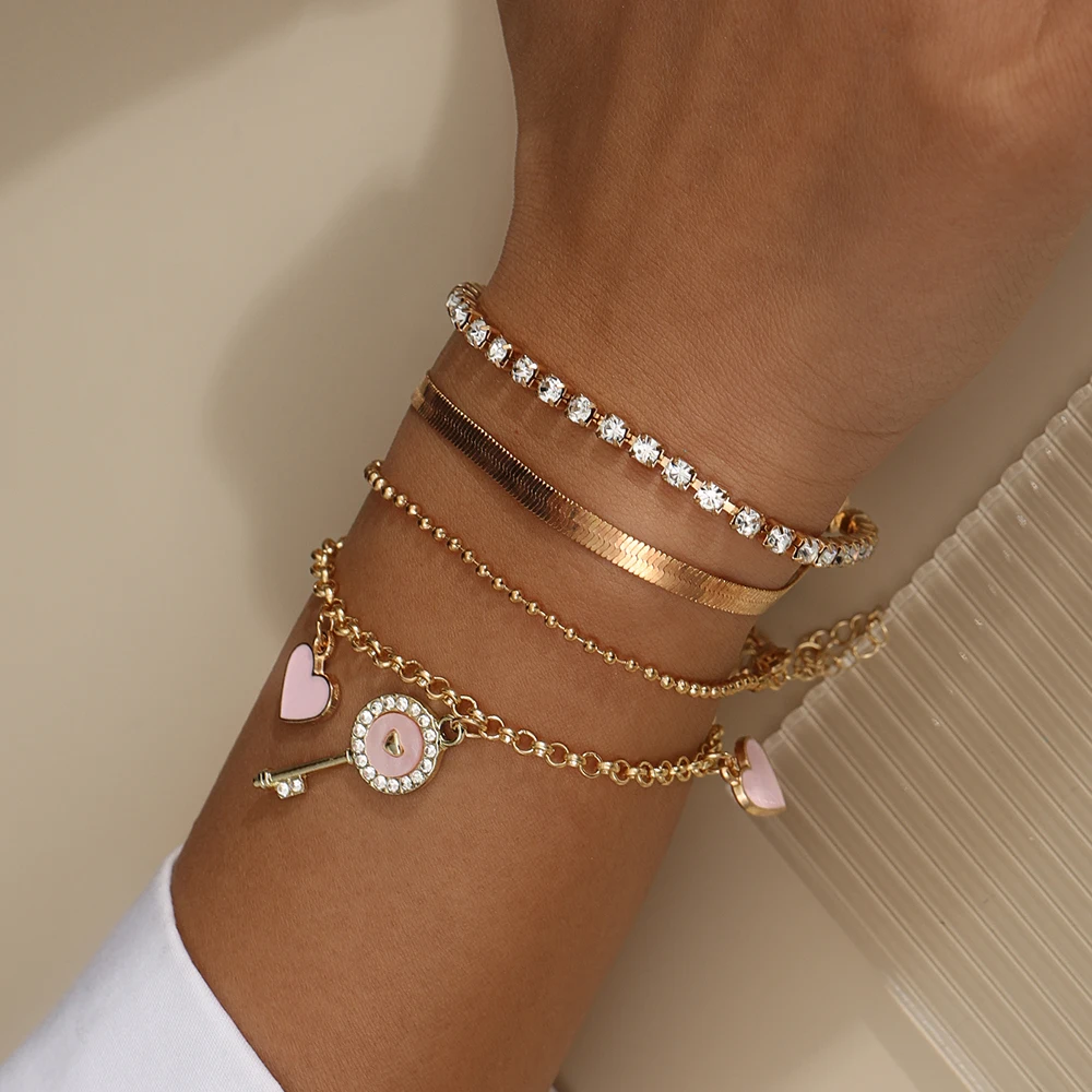 

4pcs/set Romantic Crystal Key Love Heart Charm Bracelets for Women Girls Gold Color Chain Bracelet Bangle Jewelry Gifts