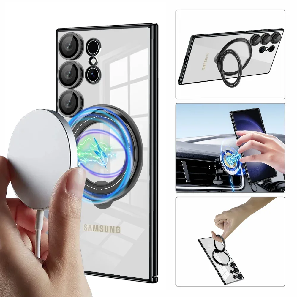 Plating Transparent Case For MagSafe Samsung Galaxy S25 Ultra S24 Plus S23 Ultra S23 FE Ring Stand Camera Protector Phone Cover