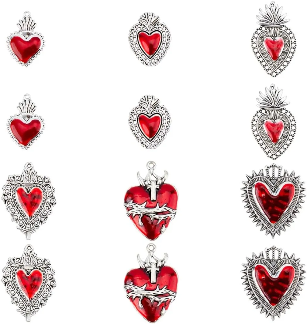 12Pcs Red Heart Charms Alloy Enamel Pendants Sacred Heart Charms Set Antique Silver Romantic Love Charms Gothic making kit