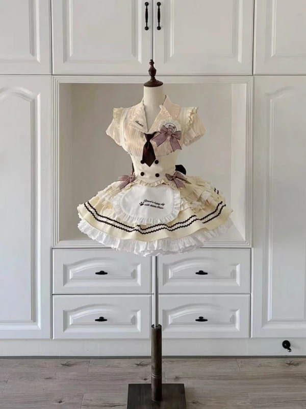 

Летний комплект из трех предметов: платье в стиле Лолита с пышными рукавами, бантом и пуговицами, из полиэстера, с коротким рукавом, для милых девушек.