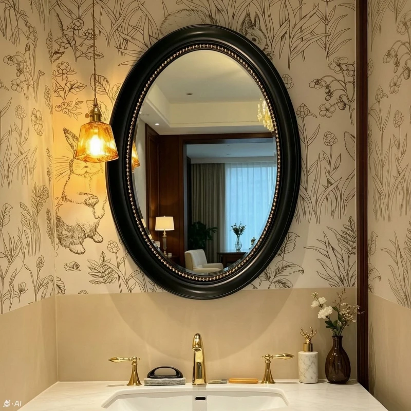 Medieval black oval bathroom mirror retro beaded wall-mounted decorative mirror