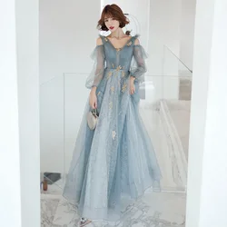 New style banquet fairy temperament dreamy forest series host performance long sleeve evening dress mesh