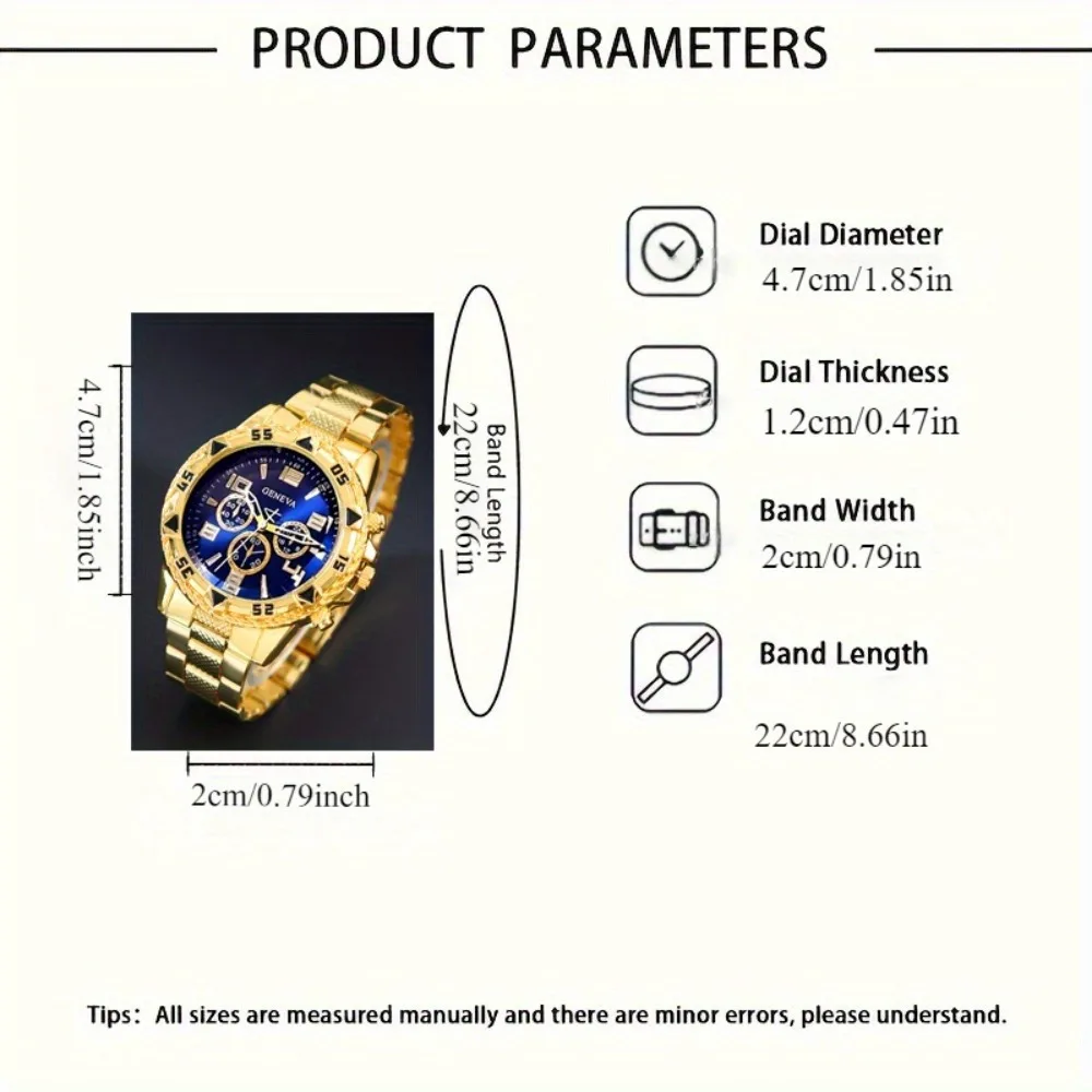 [8-delige luxe herenhorloge cadeauset] Stijlvol heren quartzhorloge, gouden en zilveren pijlketting, armband en ring, herencadeau