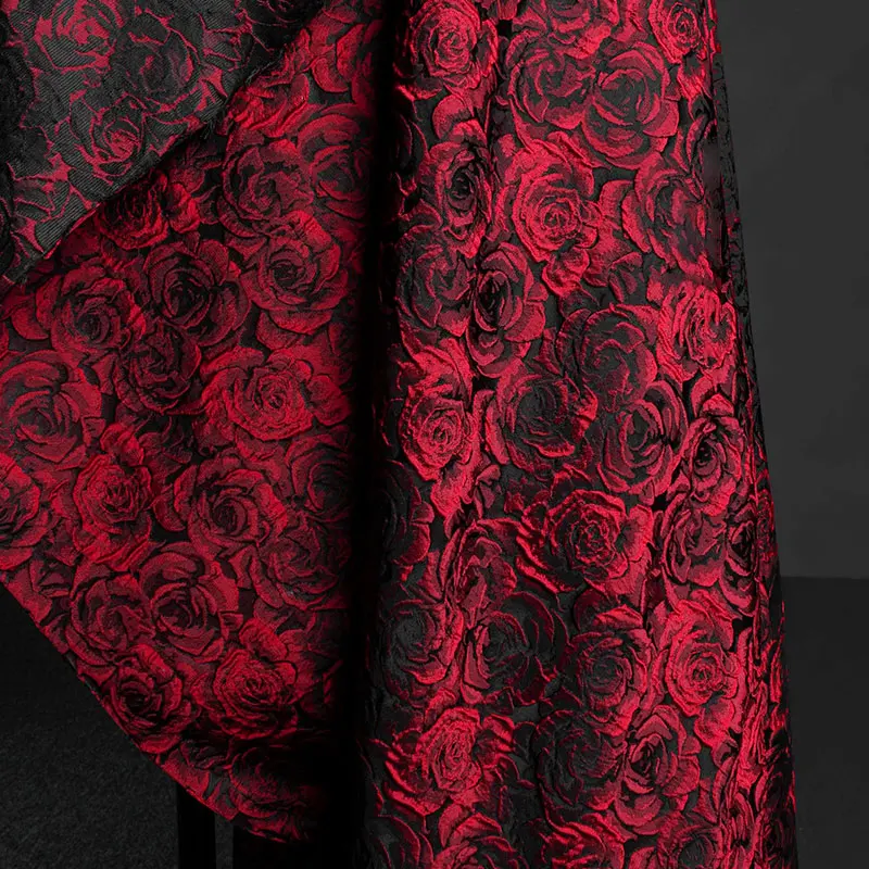 1x1.55m Embossed Black Dark Red 3D Rose Jacquard Yarn Dyed Vintage Floral Fabric for Women\'s Dress Suit Bag DIY Sewing Clothing