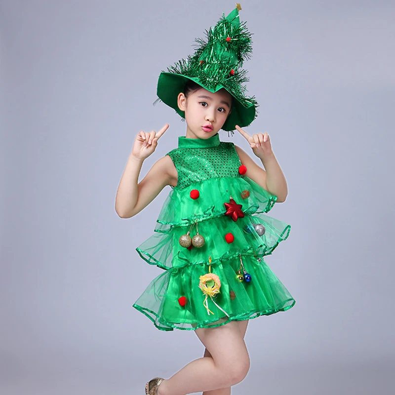 Kids Elf Costume for Girls Christmas Elf Dress Costume Set Elf Cosplay Outfit Green Christmas Tree Cosplay Santa Princess Dress