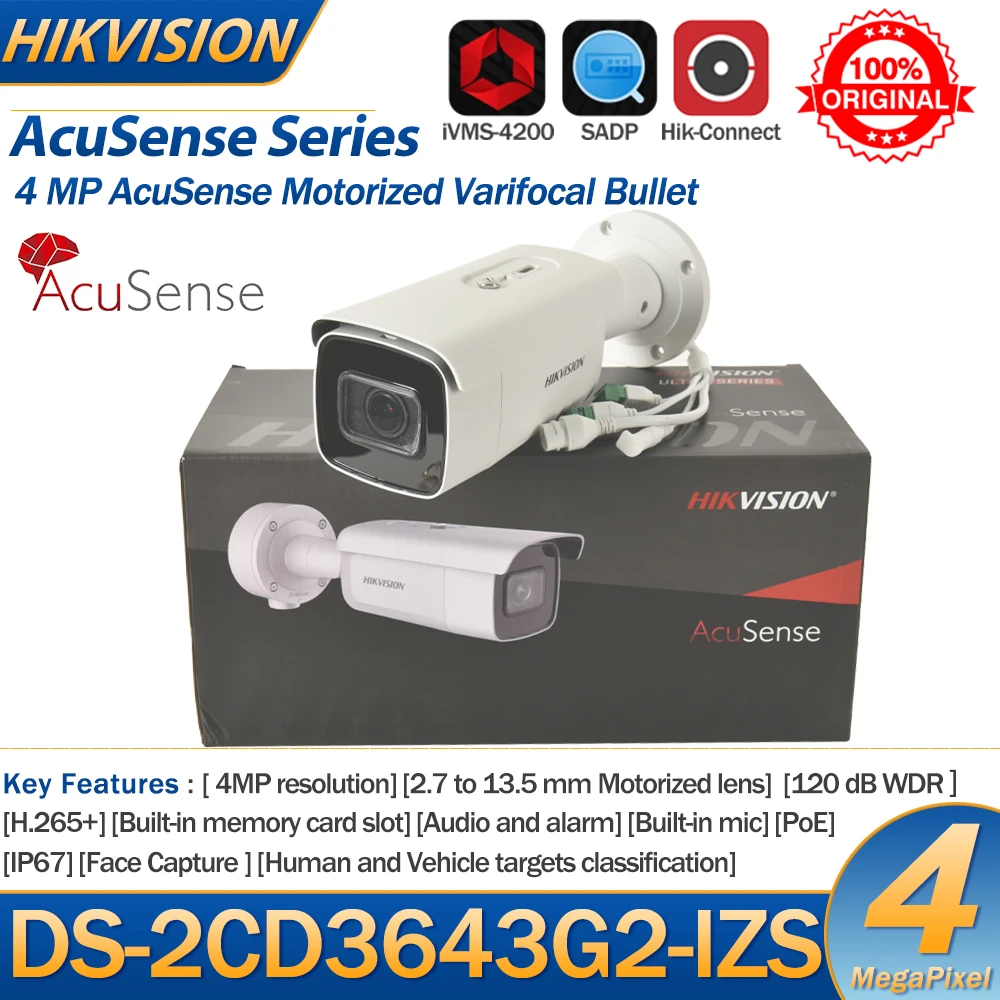 HIkvision IP Camera 4MP Bullet DS-2CD3643G2-IZS AcuSense 60M IR 5X Motorized Zoom 2.7-13.5MM Audio Alarm Video Surveillance IP67