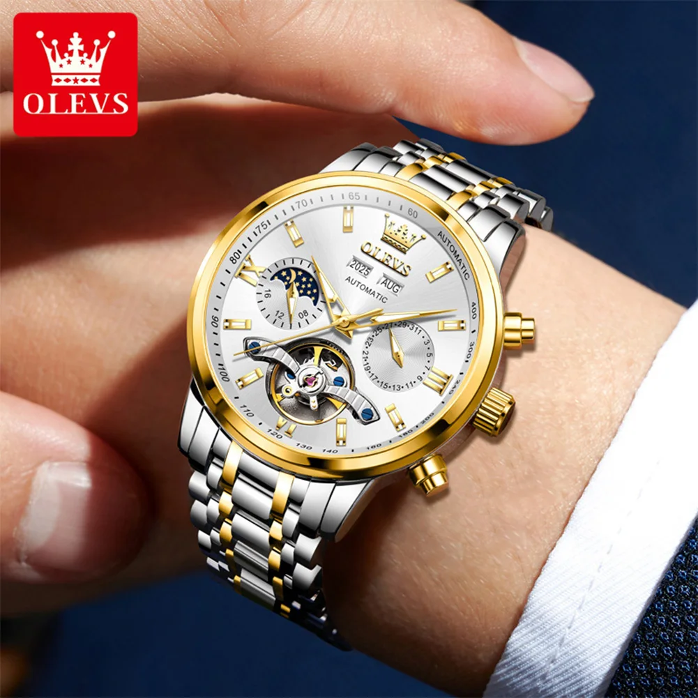 ساعات رجال الأعمال الفاخرة OLEVS من الفولاذ المقاوم للصدأ ماركة أصلية ساعة يد ميكانيكية أوتوماتيكية مرحلة القمر تقويم مضيء