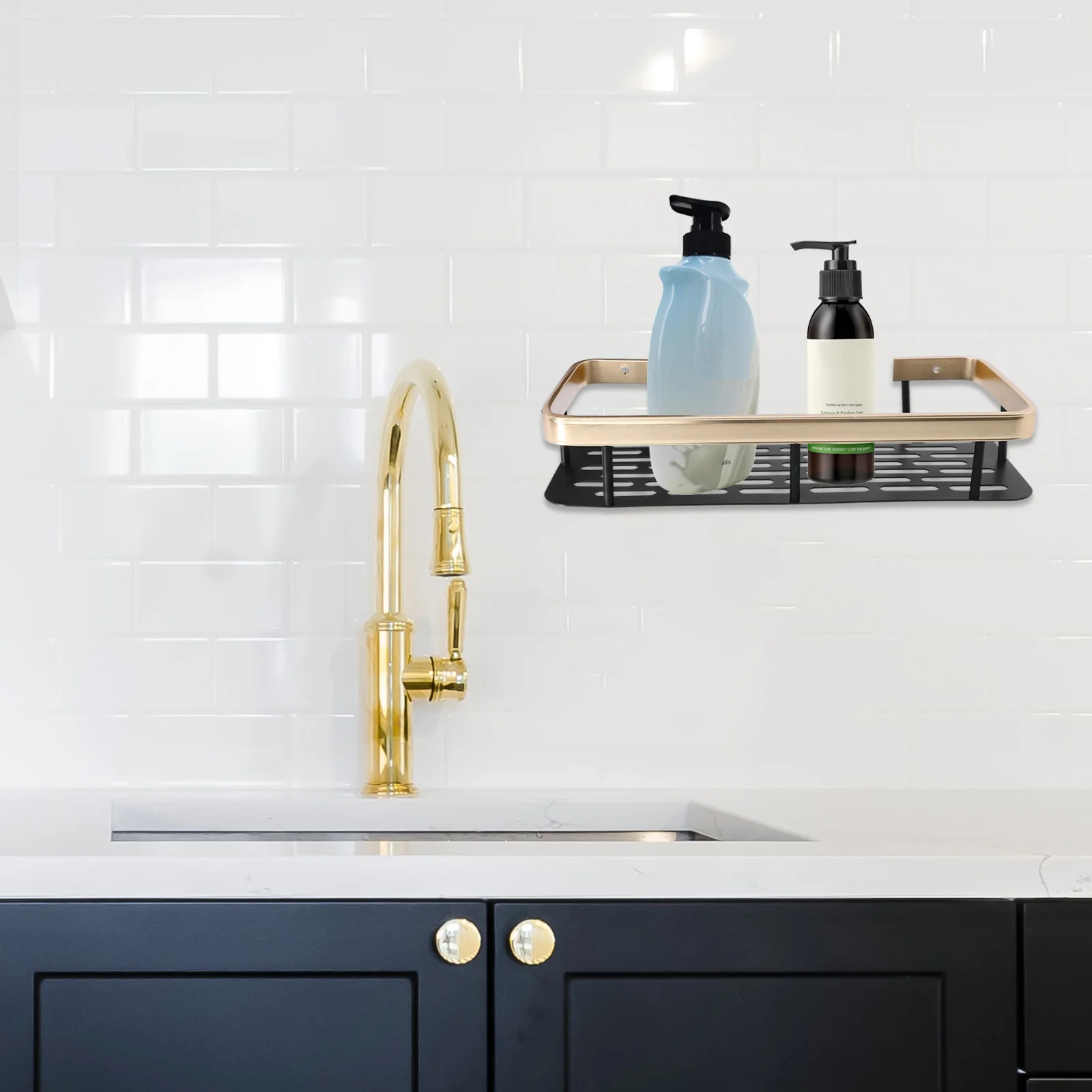 

Punch-Free Black Bathroom Storage Rack Aluminum Organizer Shelf for Toothbrush Cup Shower Gel Holder with Drain Design