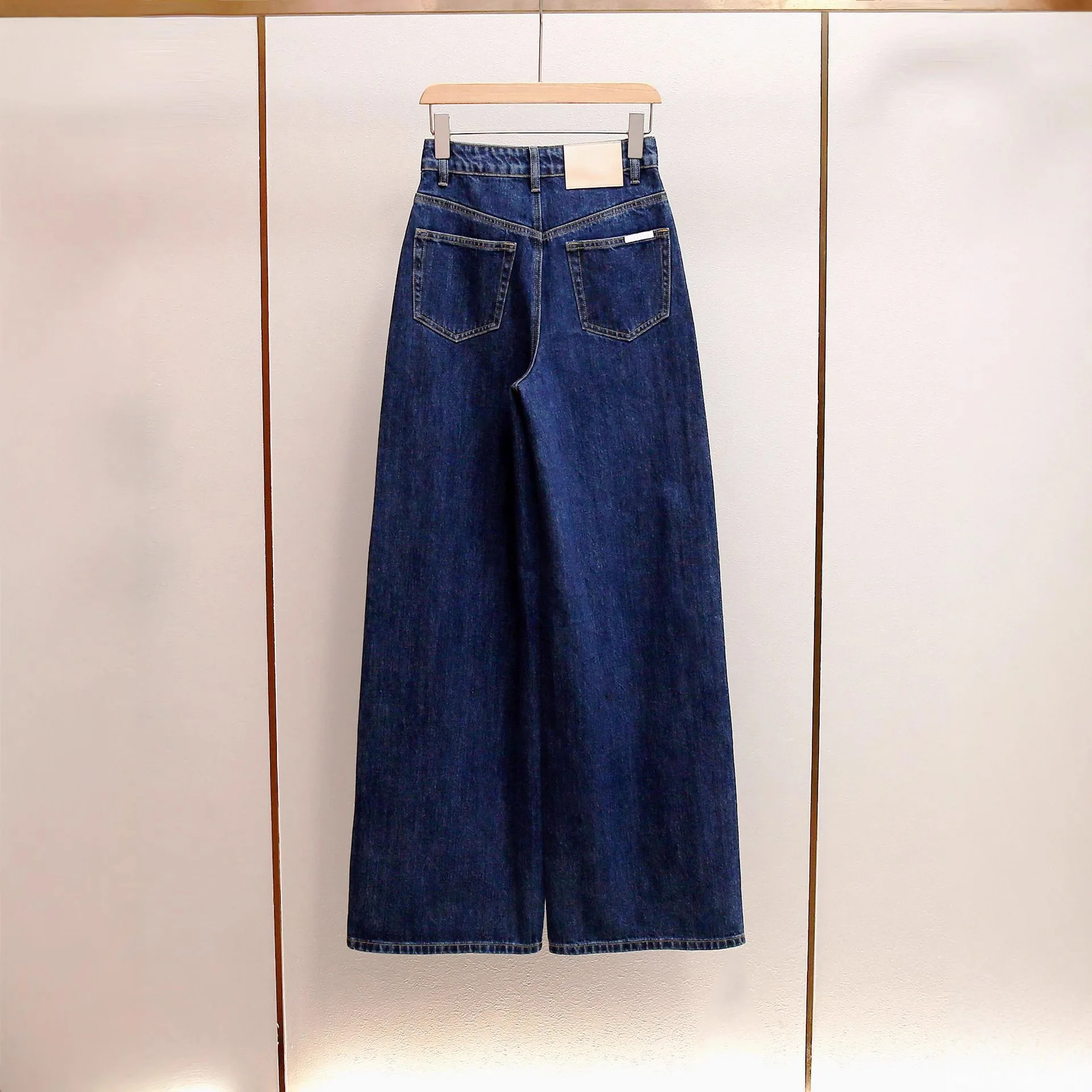 Outono novo estilo casual high-end pesado strass-embelezado a linha de cintura alta lavado azul calças de perna larga para mulher