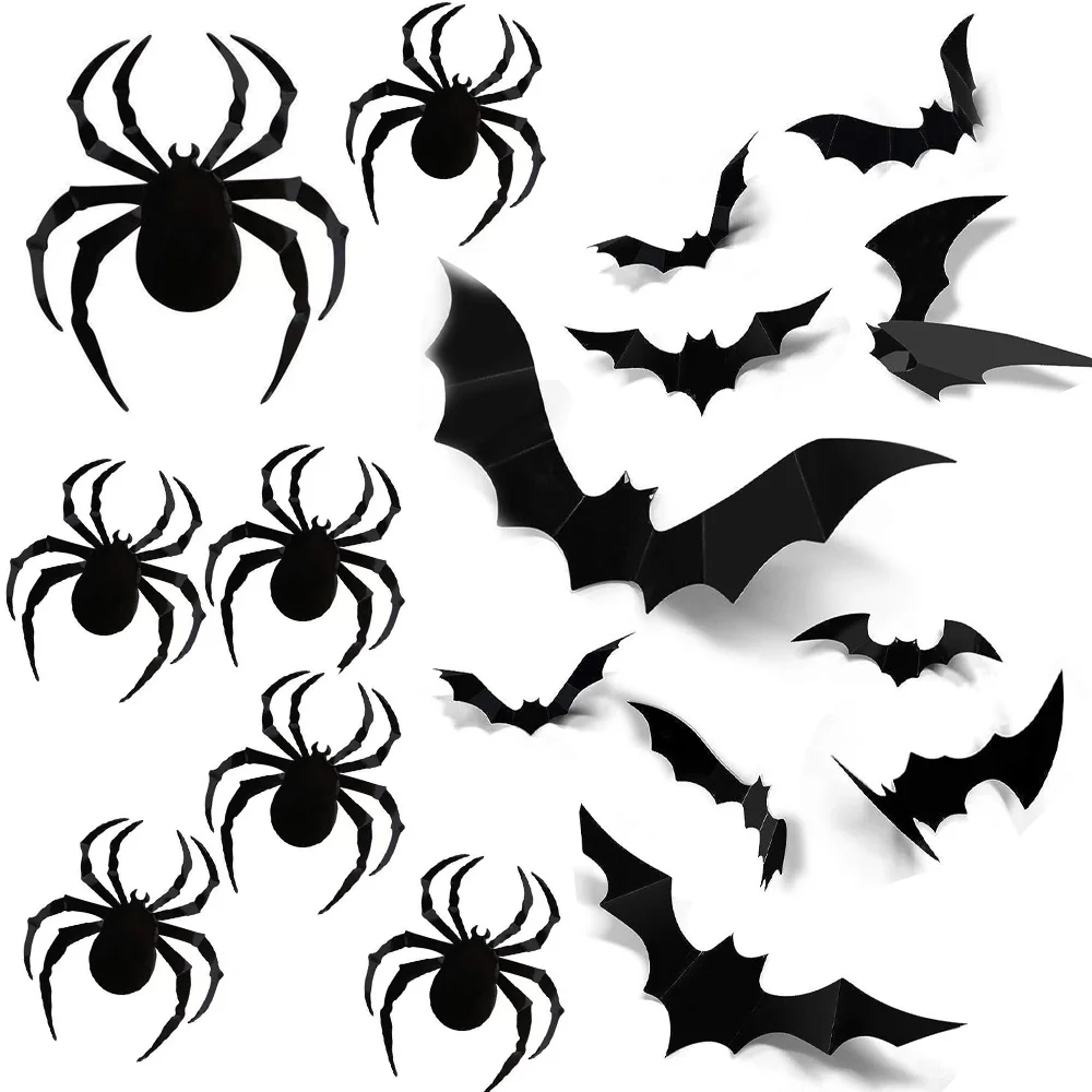 

New 2025 Halloween Decorations Bats Spider 3D Wall Stickers Pvc Black Bat Halloween Scary Props Home Party Wall decorations