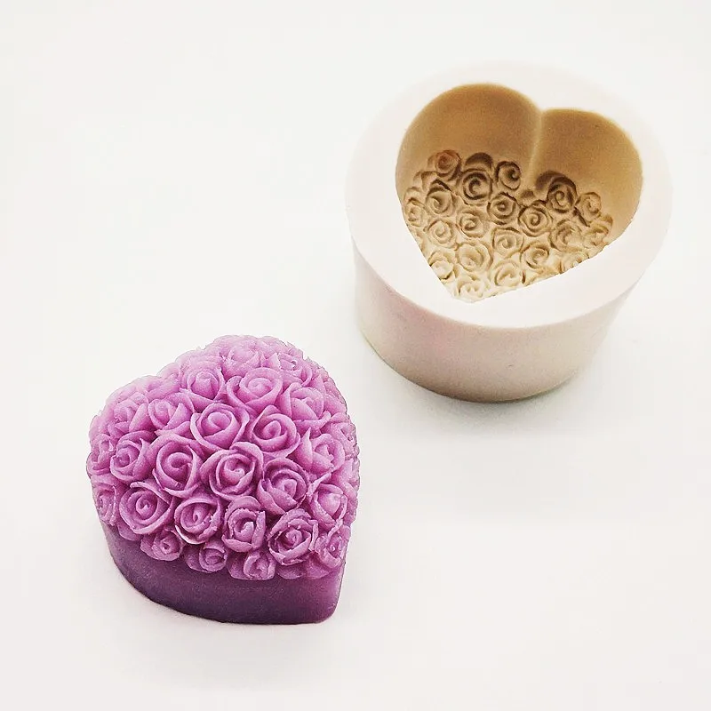 3D Love Heart Rose Flower Silicone Soap Mold Handmade Candle Clay Plaster Gift Making Mold Chocolate Cake Decoration Baking Tool