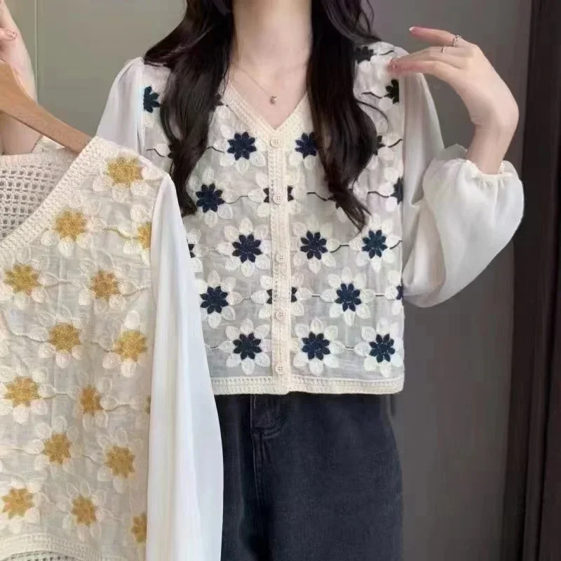 Women Crochet Top Boho Chiffon Sleeve Button Front Open-knit Blouse Fairycore Cottagecore Spring Summer Beach Wear