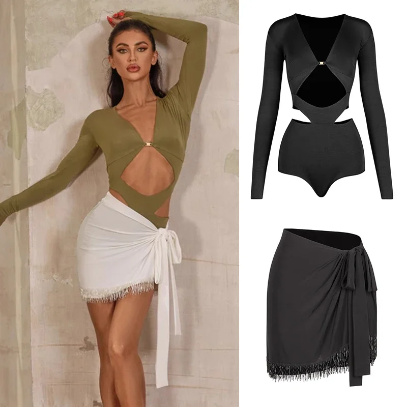 

Sexy Latin Dance Clothing Women'S Latin Dance Costumes Deep V Cutout Top Tie-up Skirts Adults Stage Competition Wear SL10794