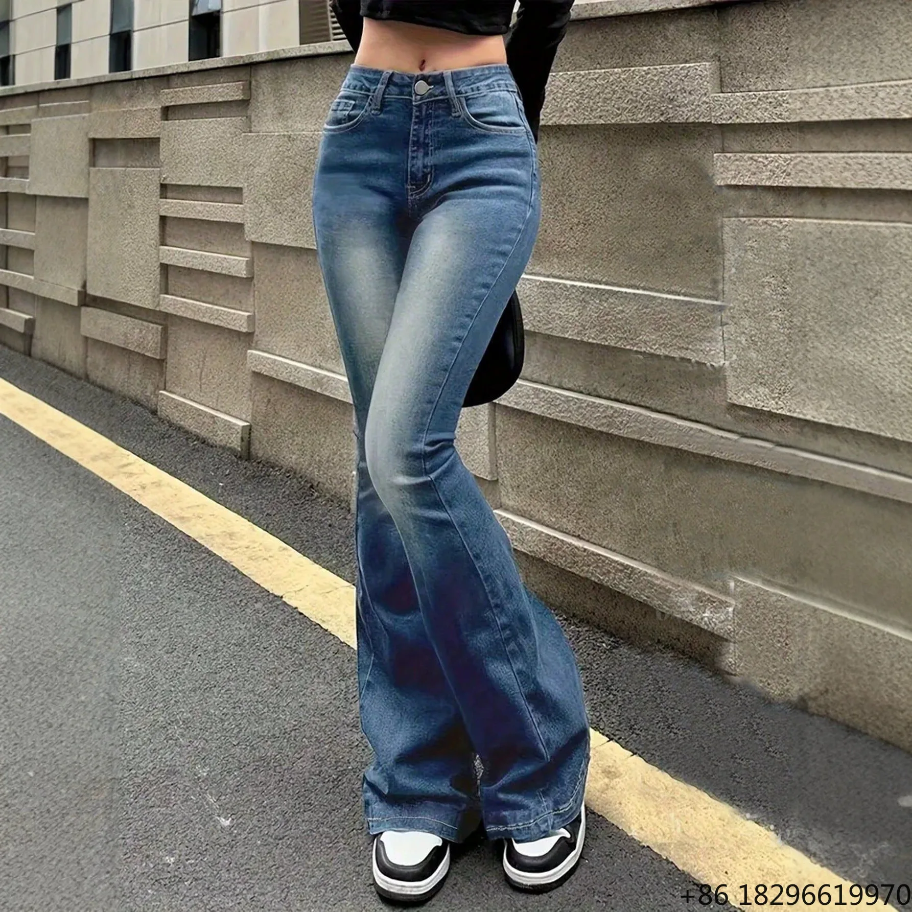 Women's Summer Hip Hop Regular Fit Mid Waist Retro Flared Denim Jeans Nylon Cotton Medium Wash in Stock