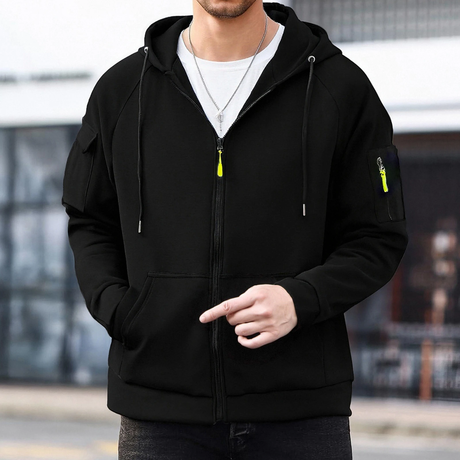 Men's Casual Zip-Up Hoodie Long Sleeve Solid Hooded Jacket with Pockets for Spring And Fall