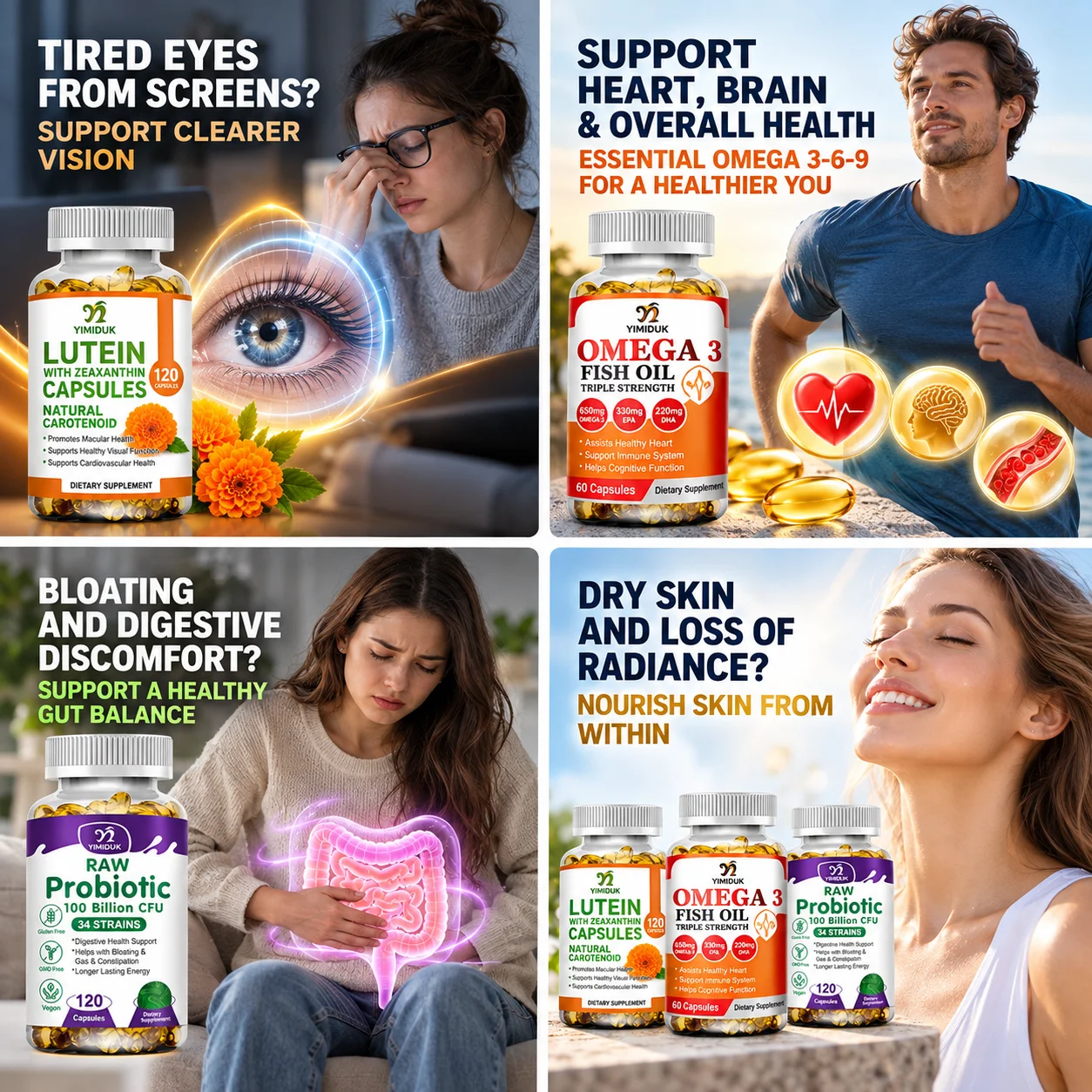 Multi‑Benefit Supplement, Lutein, Omega‑3 Fish Oil & Probiotic, Support Visual, Cardiovascular Cognitive Health & Gut Digestive