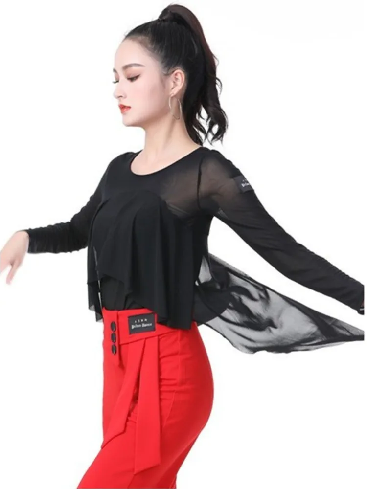 Mesh Ballroom Modern Dance Ballet Clothes Costume classico elegante Street Belly Party top eventi pratica Ruffle Wear Jazz