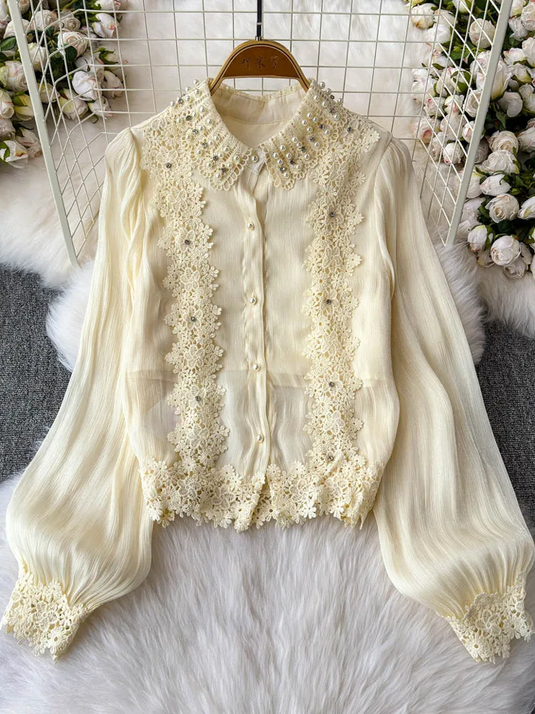 

French Elegant Shirts Small Fragrance Tops Solid Color Long Sleeve Lace Beading Blouses 2025 Spring Design New Women's Clothing