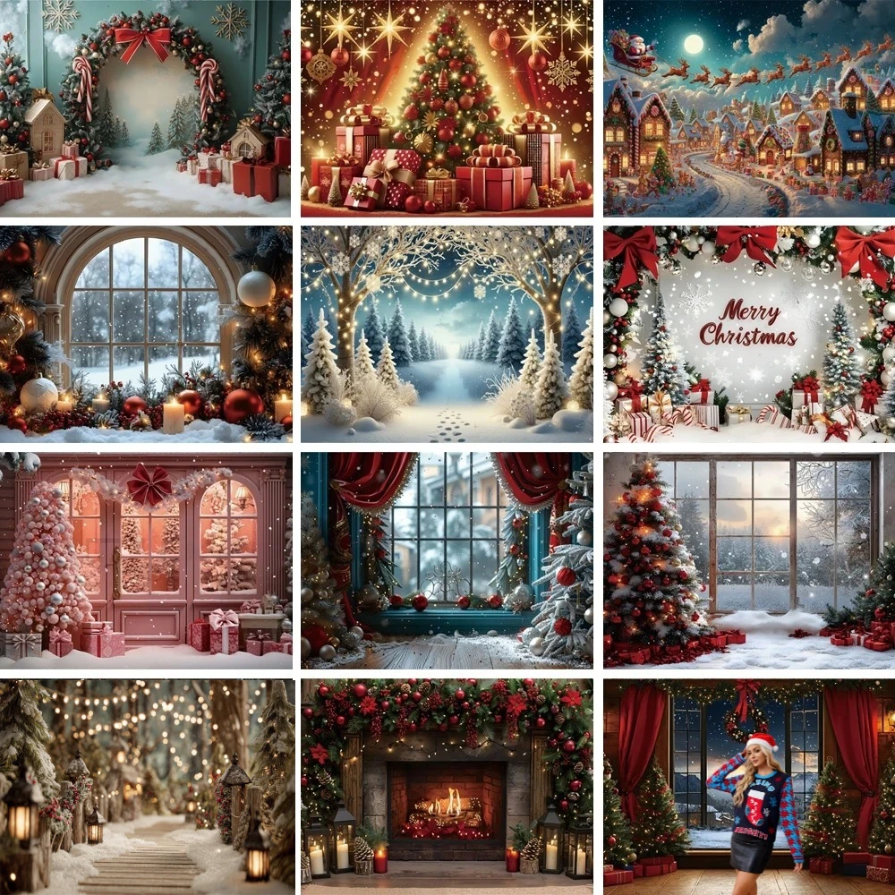 

MOON.QG Winter Christmas Background Photography Window Curtain Arch Wreath Backdrop Wallpaper Poster Party Supplies Photocall