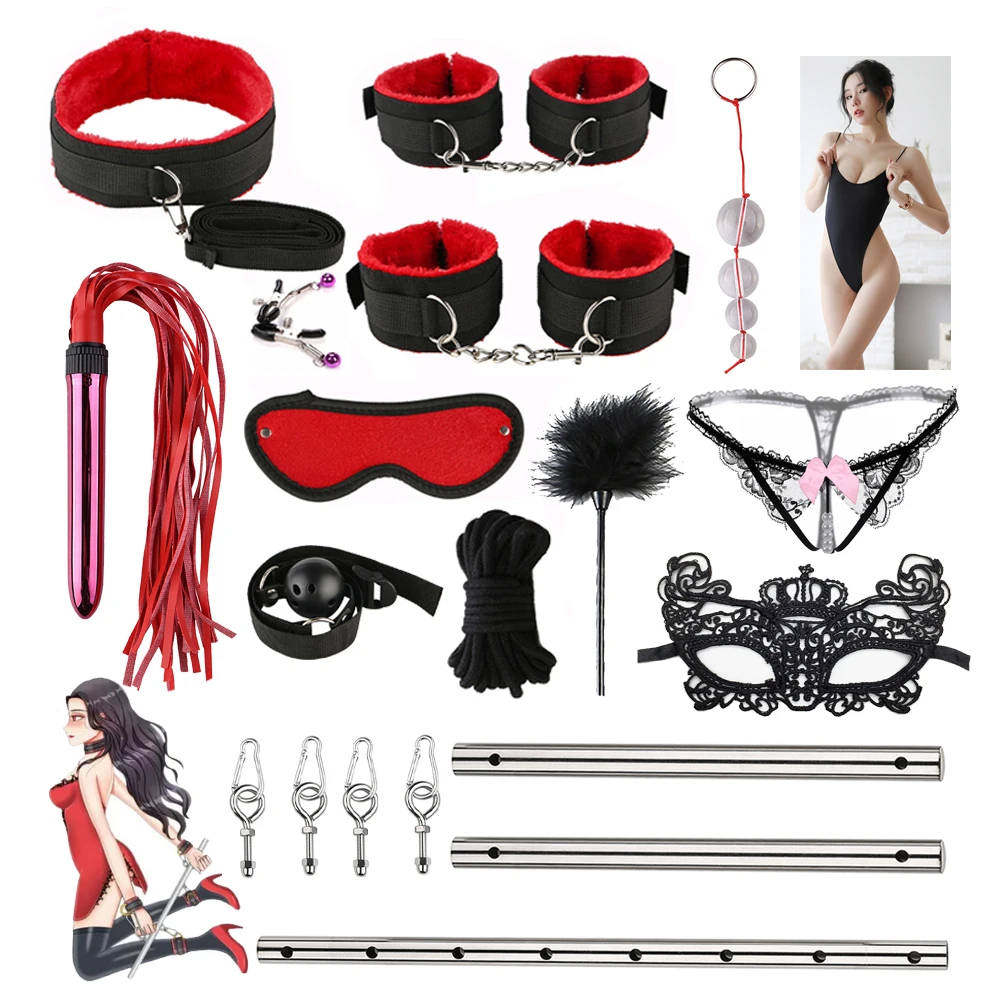 BDSM Bondage Set Novelty Sex Handcuffs Whip Open Leg Restraint Anal Beads Butt Plug Anal Bullet Vibrator Sex Toys for Couples