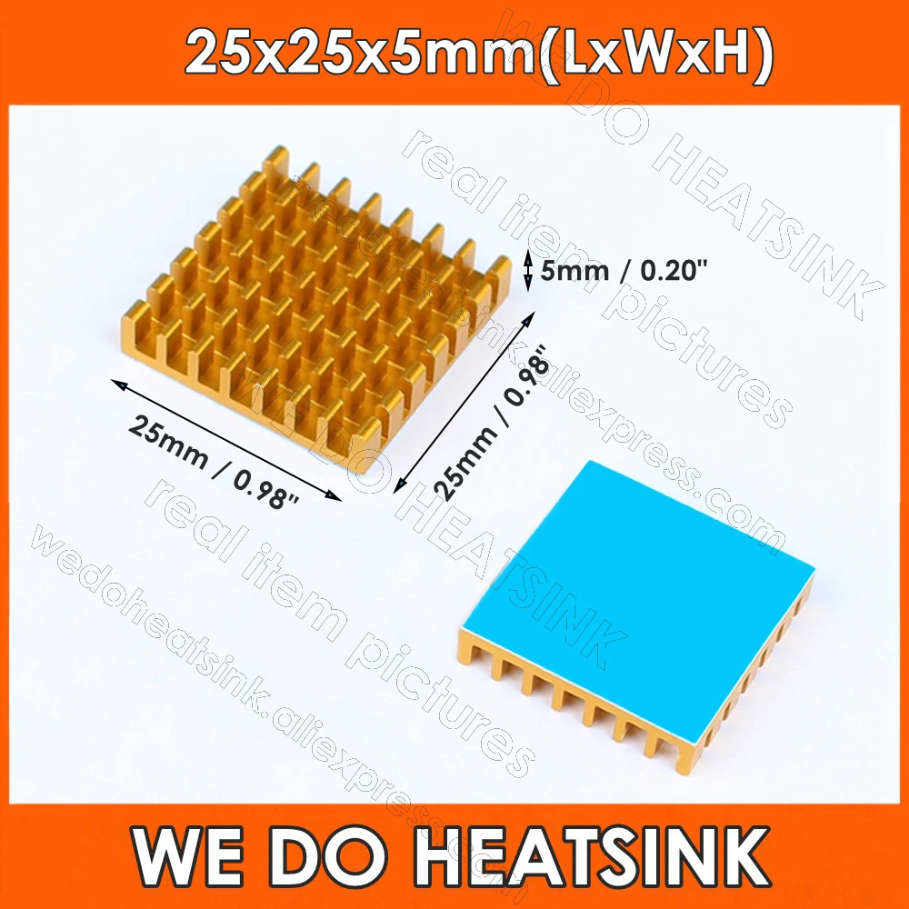 

25x25x5mm Gold Heatsink With pre Applied Thermal Conductive Adhesive Tape Cooler Aluminum Heat Sink for Cooling GPU IC Chips VRA