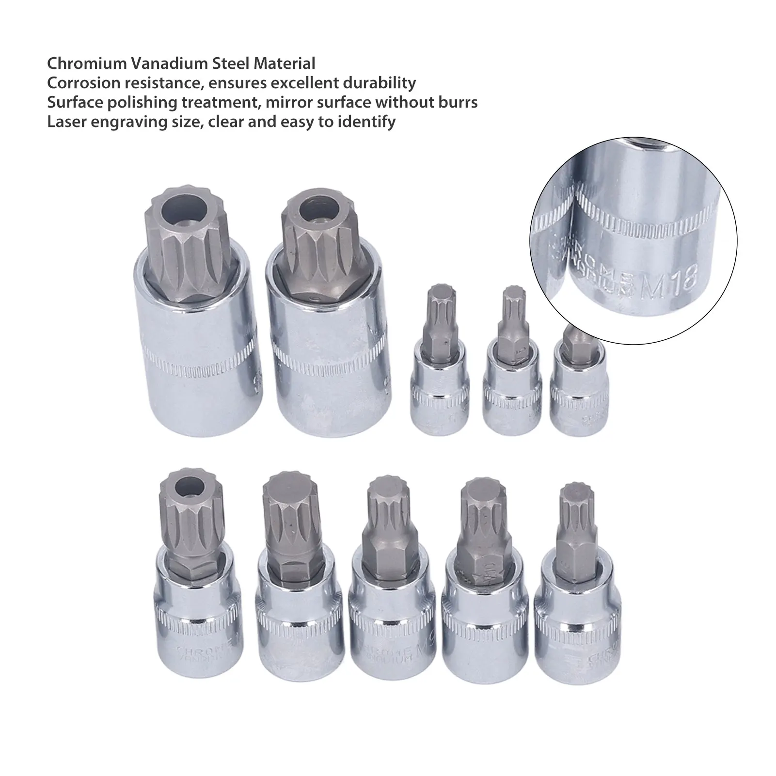 

10 Pcs Triple Square Spline Bit Socket M4 To M18 1/4in 3/8in 1/2in Drive CR V Bit Socket Set with Storage Box
