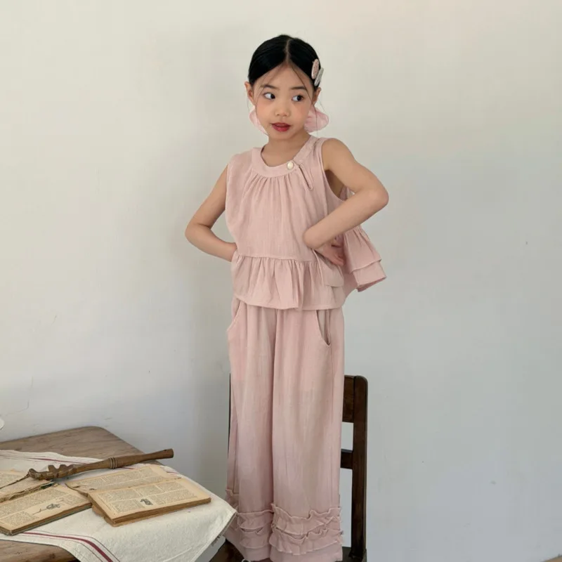 Conjunto de 2 Piezas para Niñas de 4 a 16 Años, Primavera-Verano, Top Sin Mangas de Lino y Algodón Rosa, Pantalones Anchos con Volantes
