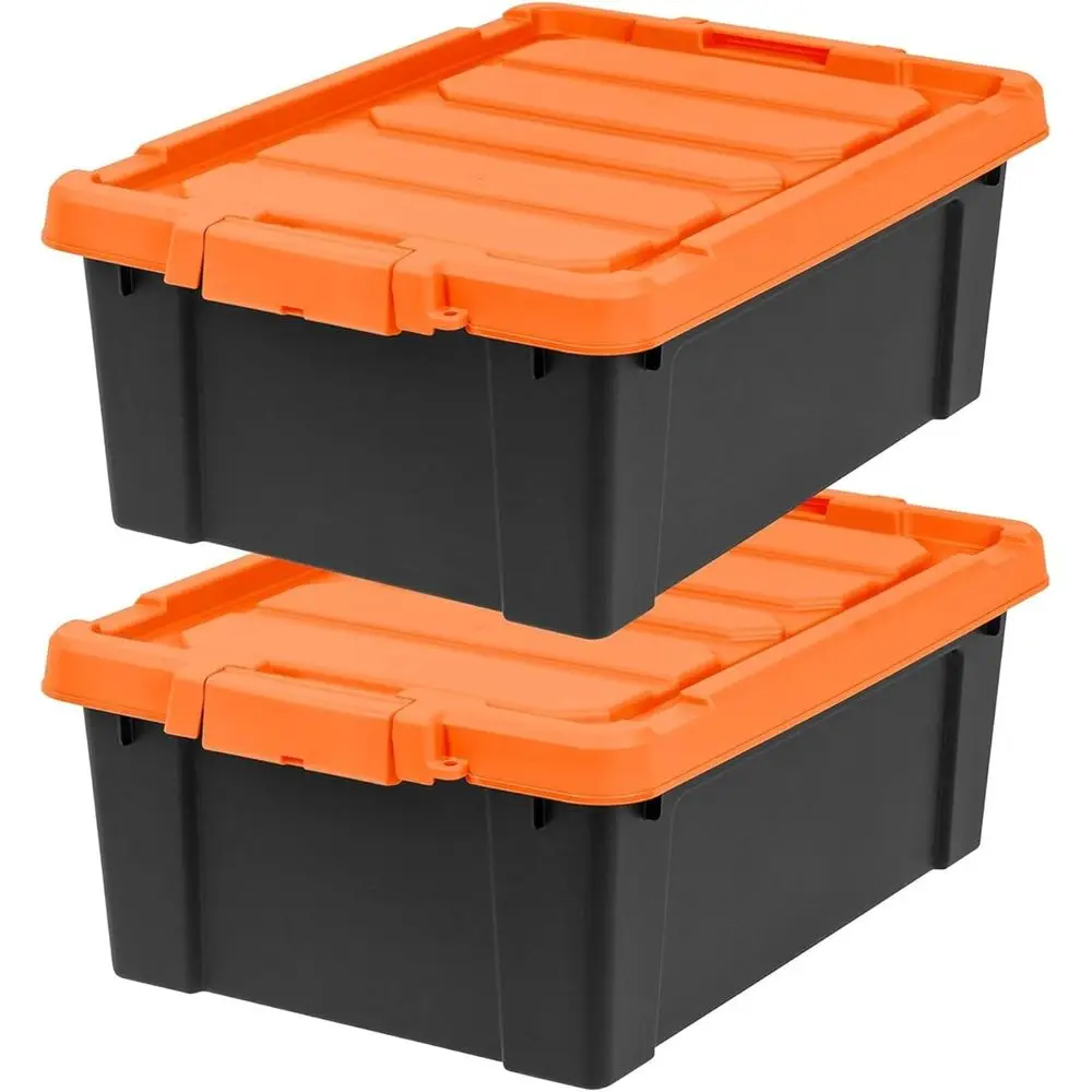 

12 Gallon Stackable Storage Bins with Lids, 2 Pack, Heavy Duty, USA Made, Garage & Moving Tubs, Red & Black Utility Boxes