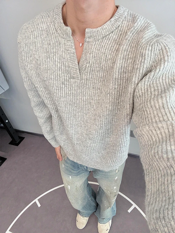 

Мужской свитер с V-образным вырезом и витым узором, осенний, в стиле кэжуал, для многослойных образов, американский вязаный джемпер свободного кроя, из чистого трикотажа.