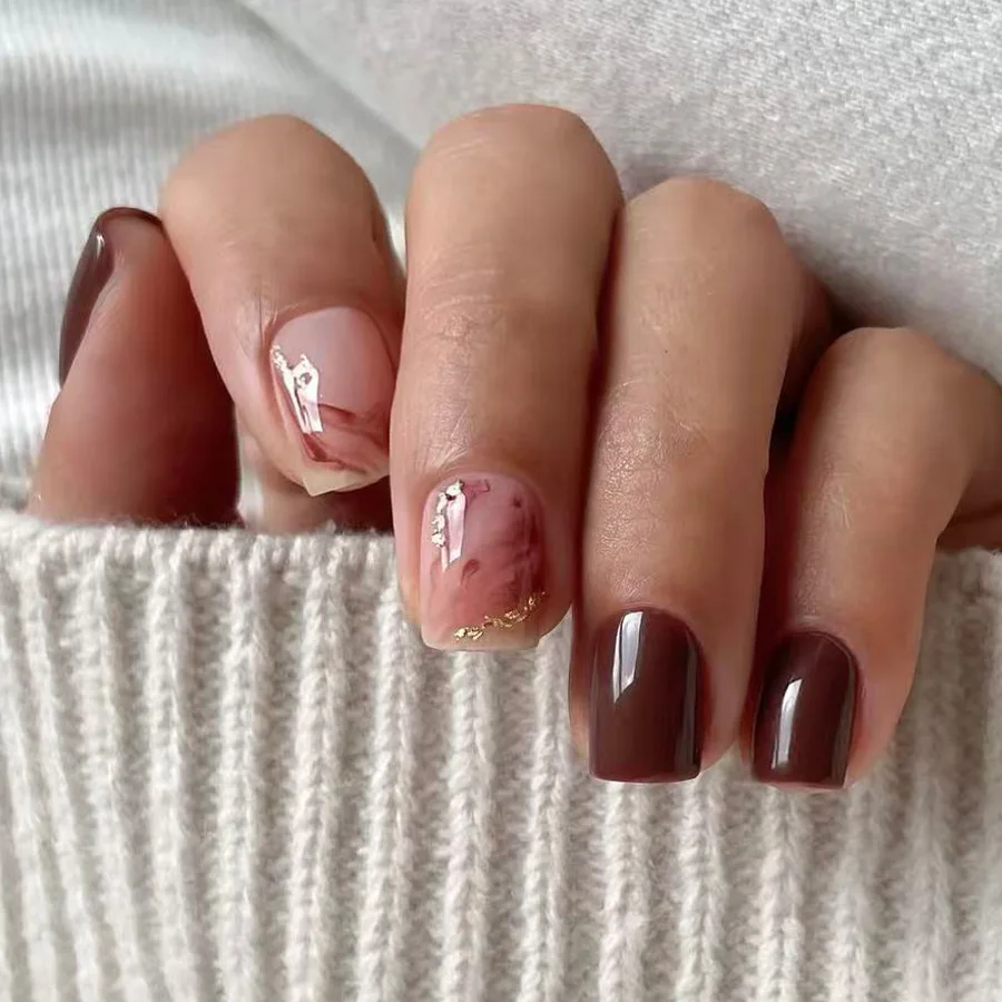 24Pcs Leopard Print Smudge French Fake Nails Golden Shiny Powder Flower Press on False Nails Short Square Reusable Manicure Tips