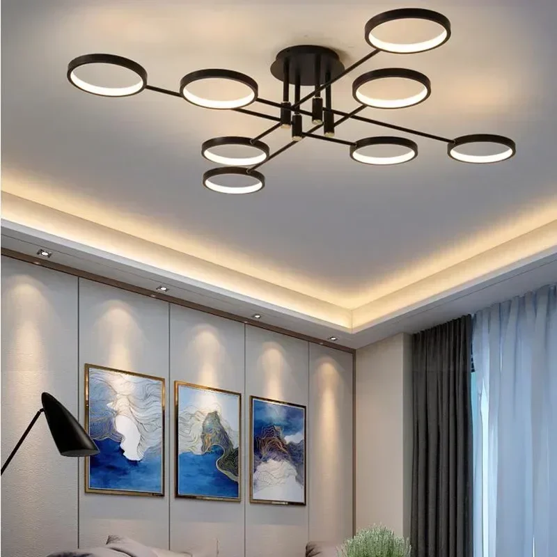 

Modern LED Dimming Ceiling Chandelier for Kitchen Decoration Living Bedroom Home Luminous with Black Ring Fixture 6/8 Head Lamp