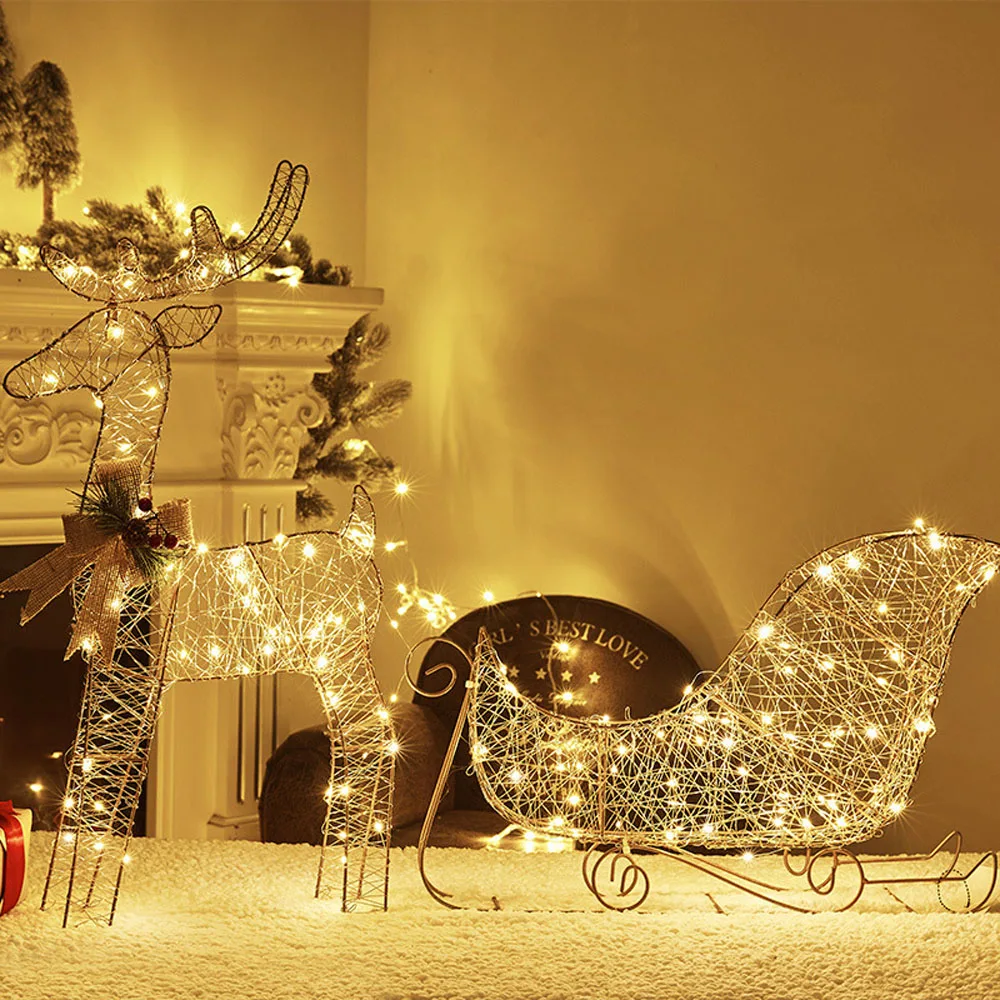 3 PCS Garden Lights String 2D Metal Iron Reindeer Outdoor Christmas Eve Decorations For Courtyard Holiday Indoor Home Decor