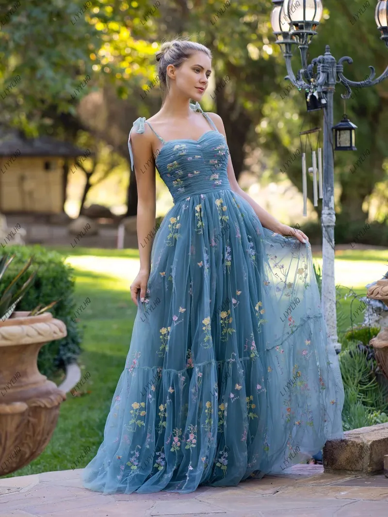 LIYYLHQ 2024 Sky Blue A-Line Prom Dresses Tulle Embroidery Floral Fairy Princess Evening Formal Occasion Gown Vestidos De Fiesta