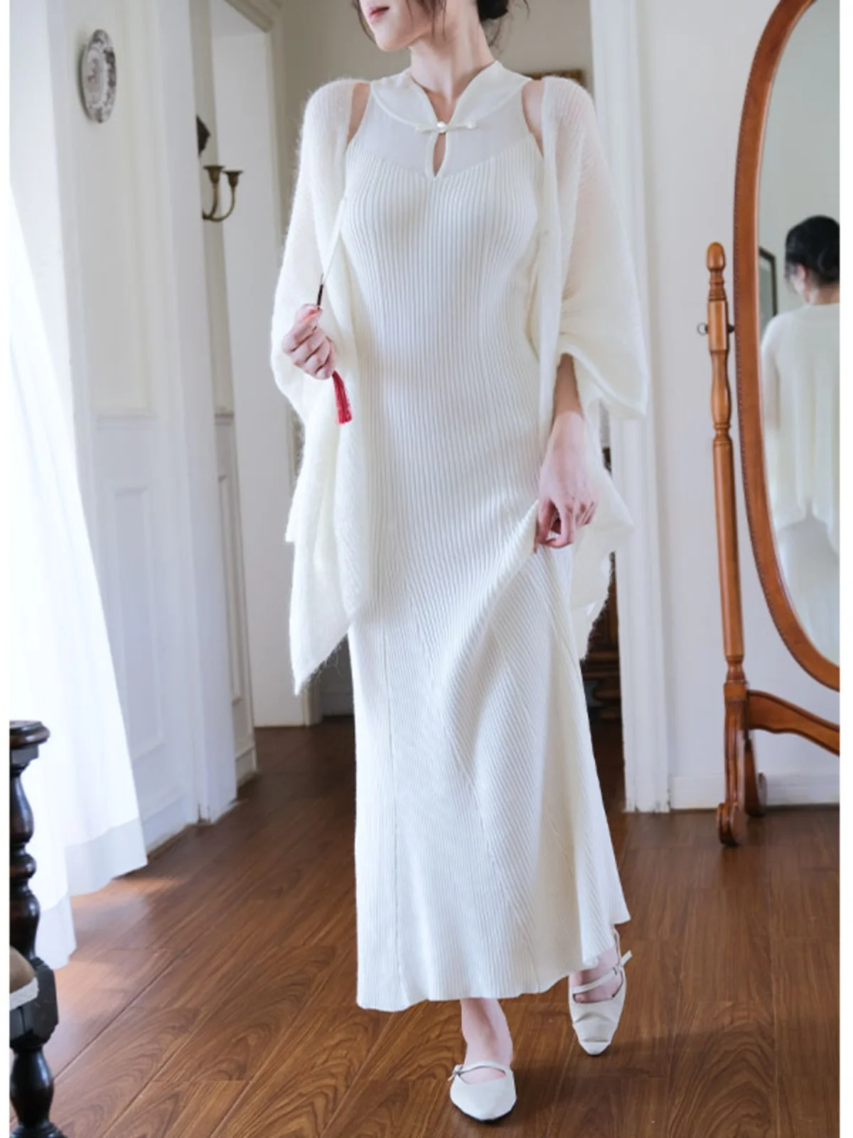 

Вязаное длинное платье-ципао Ele для женщин, винтажное, с цветочным узором и изображением оленя, высококачественное, осенне-зимнее, модное