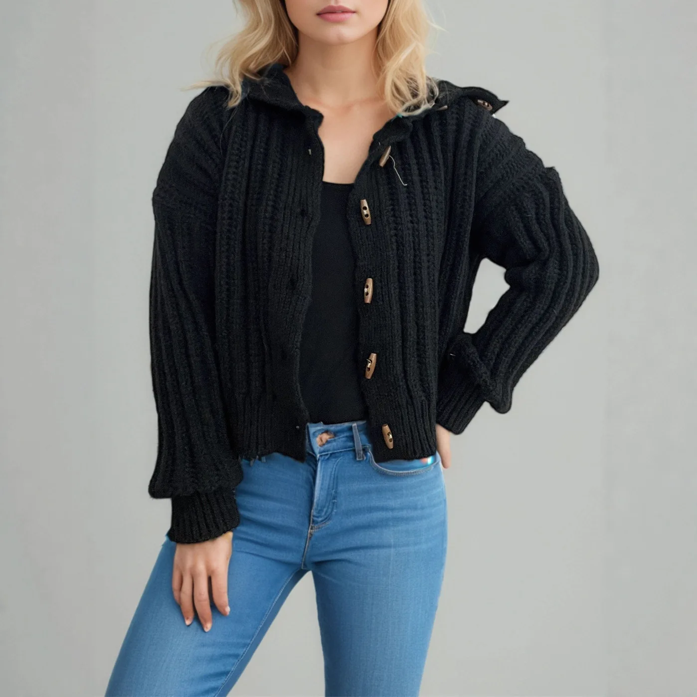 2025 Autumn Winter New Vintage Knitted Cardigan Turn-down Collar Casual Horn Button Fashion Unique Sweater Coat