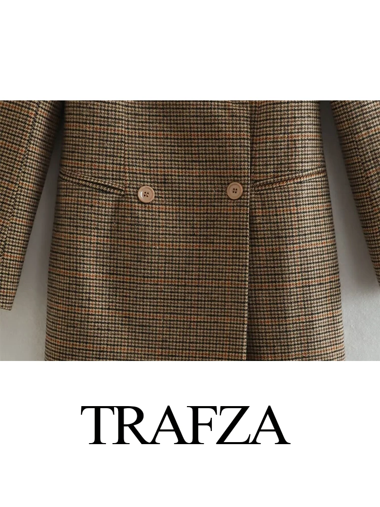 TRAFZA jaket Retro Fashion musim gugur wanita, jaket pinggang panjang setengah, temperamen serbaguna kancing dua baris, mantel bersikat ramping