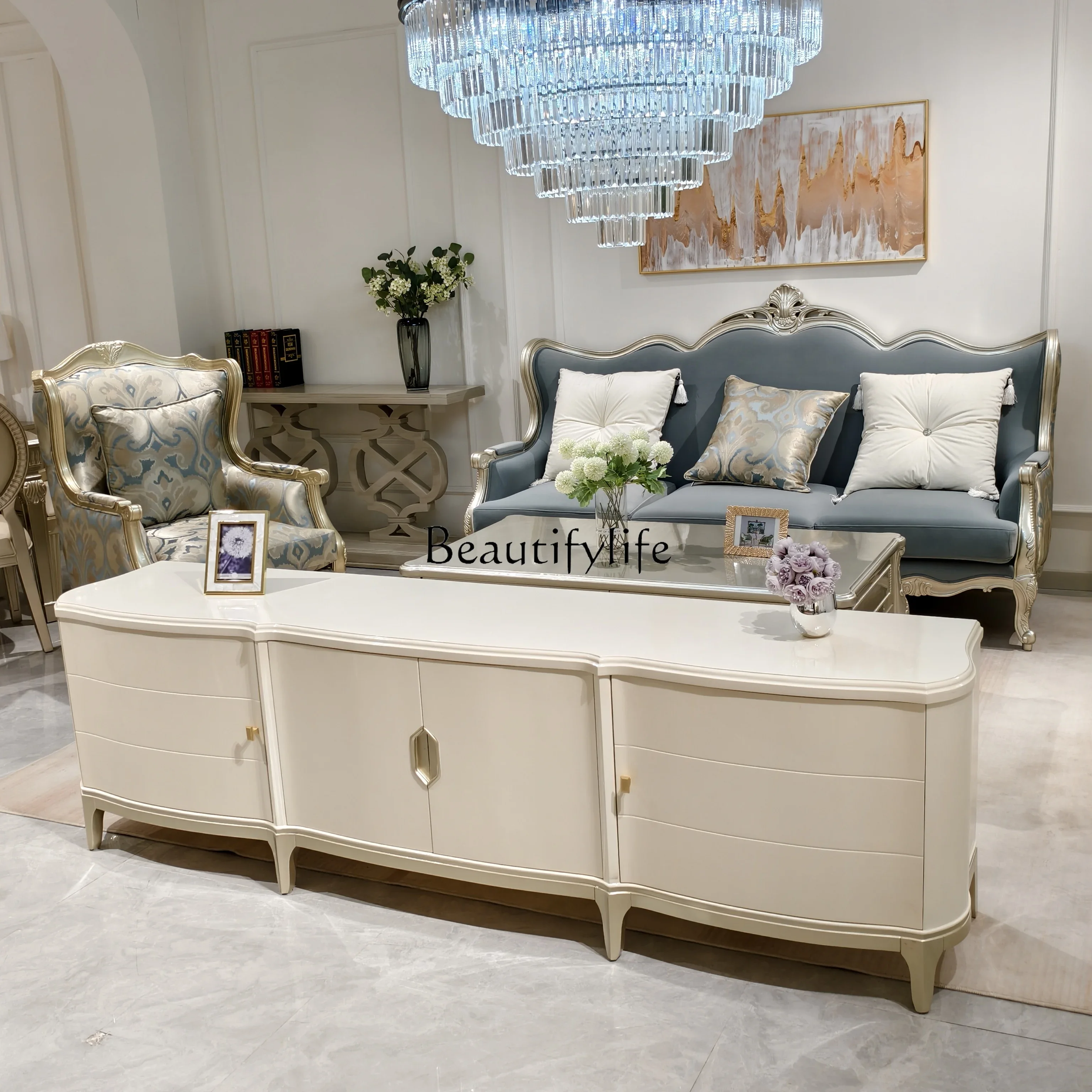 

0 American light luxury solid wood TV cabinet coffee table combination beige simple side cabinet