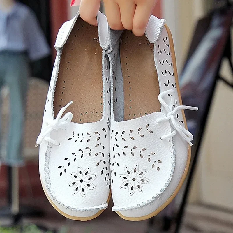 

Genuine Leather Women Flats Fashion Casual Woman Shoes Hollow loafers Shoes Slip On Flat Shoes Ballerina Plus Size Zapatos Mujer